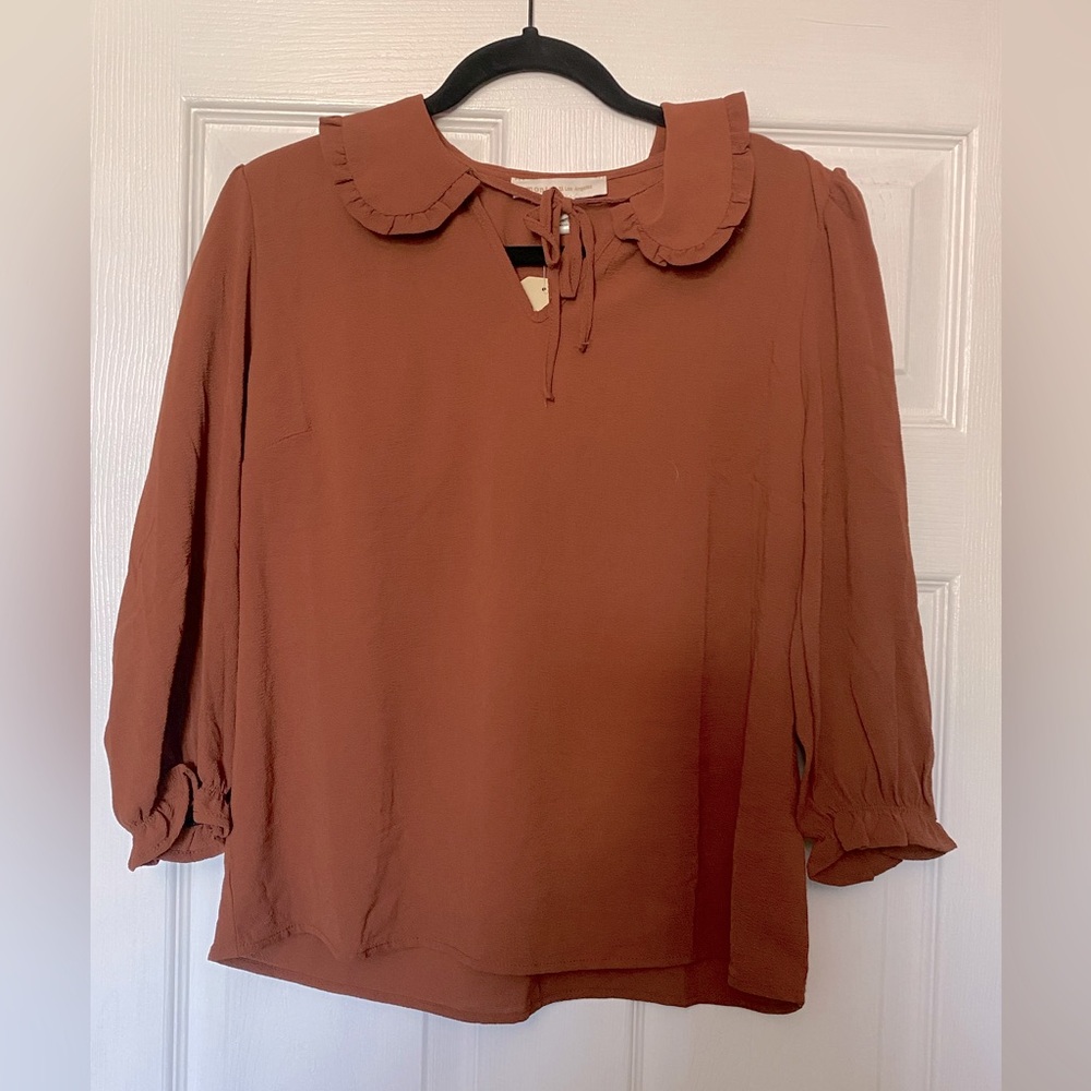 Monteau Terracotta Blouse with Ruffle Collar